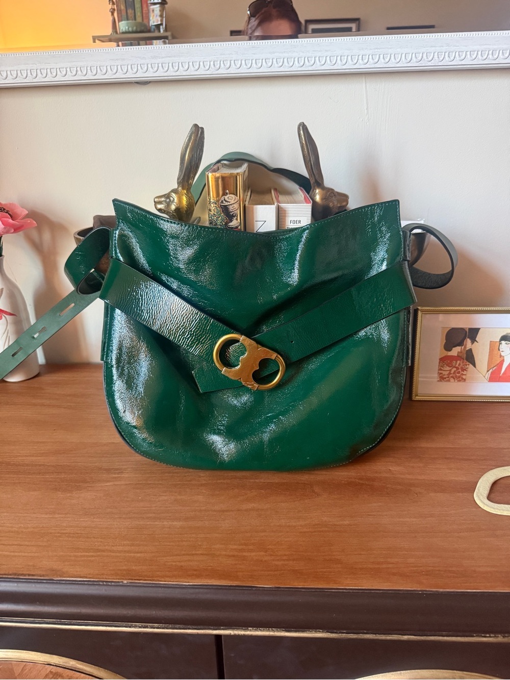 Tory Burch Gemini Link Saddle Bag | Forest Green Patent Crinkle Leather